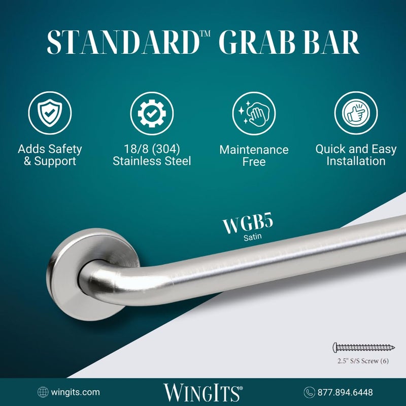 WingIts WGB5SS12 STANDARD Grab Bar, Concealed Mount, Satin Stainless Steel, 12-Inch Length by 1.25-Inch Diameter - Image 2